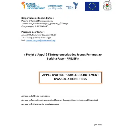Call for tenders "Support Project for Young Women's Entrepreneurship in Burkina Faso - PREJEF