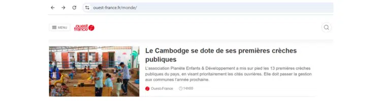 Article Ouest France sur nos crèches au Cambodge